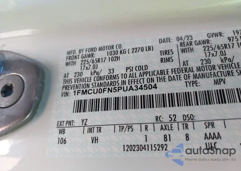 2023 Ford Escape z USA, uszkodzony, nr VIN 1FMCU0FN5PUA34504